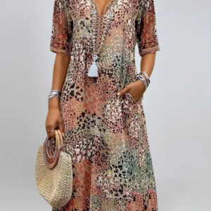 Summer V-neck Half-sleeved Dress With Pockets Fashion Ethnic Print Beach Holiday
