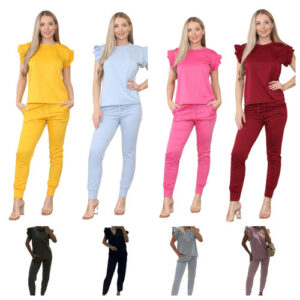 Women’s Tracksuit Frill Peplum Sleeve Boxy Top Bottom Ladies Lounge Wear Set
