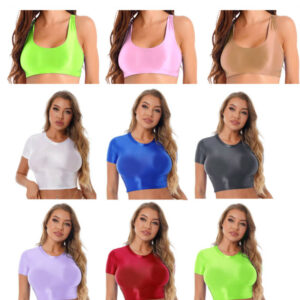 UK Sexy Women Glossy Short Sleeve Crop Top Oil Shiny Yoga Sport Fitness T-shirt