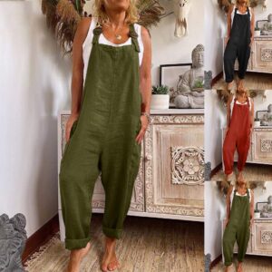Womens Cotton Linen Strappy Dungarees Jumpsuit Loose Baggy Overalls Trousers
