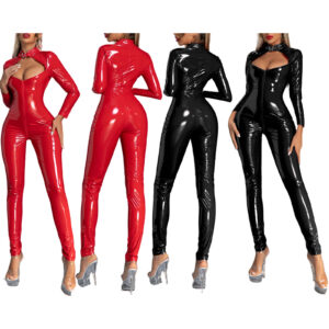UK Women Shiny PVC Leather Bodysuit Catsuit Latex Tight Zipper Jumpsuit Clubwear