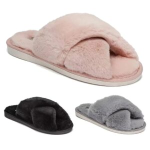 Womens Fur Slippers Ladies Slider Casual Cross Flip Flop Fluffy Flats Shoes New