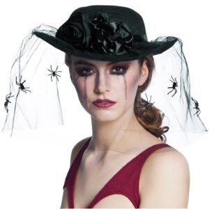 Adult Womens Halloween Fancy Dress Gothic Black Spider Widow Hat with Net
