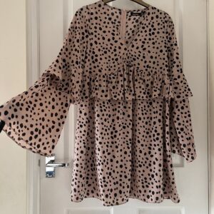 Boohoo Over Dress, Mini Dress. Maternity Tunic, Dusky Pink Black Spots. Size 8