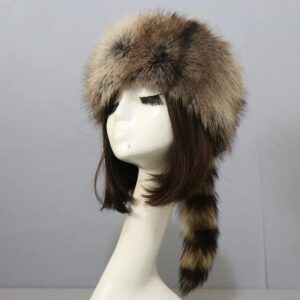 Faux Raccoon Tail Winter Hat Thickened Flat Top Beanie for Running Camping Outdo