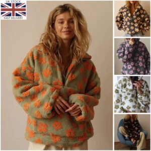 Womens Sherpa Autumn Fleece Jackets Ladies Winter Long Sleeve Floral Coats Tops