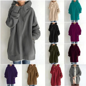 Trendy Oversized Women’s Loose Hooded Coat Jacket Winter Long Sweatshirt Zipper