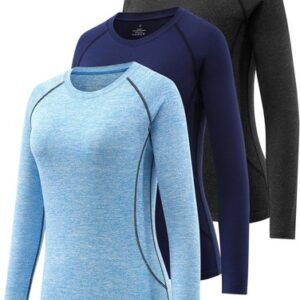 Ullnoy 3 Pack Women’s Long Sleeve Gym Tops Quick Dry Workout Running T Shirt Br