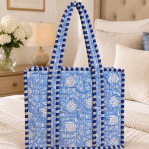 Small Tote Bag,Indian Quilted Cotton Tote Bag With Zip,14” X 12” Inches