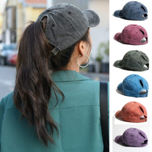 Ponytail Stonewashed Baseball Cap Womens Adjustable Sun Hat Messy Bun Peaked Cap