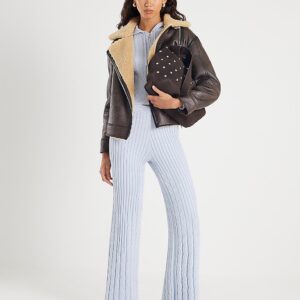 River Island Womens Trousers Blue Wide Leg Cable Knit Fabric Pants Bottoms