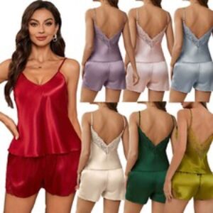 Sexy Straps Lingerie Silk Pajamas Set Ladies Cami Short Pjs Lace Nightwear Women