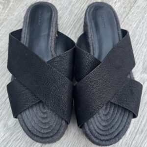 AllSaints Black Leather Cross Strap Slides Sandals UK 5 Espadrille Platform