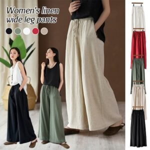 Lady Summer Wide Leg Pants Cotton Linen Breathable Straight  Loose Long Trousers