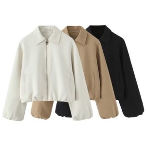 Womens Casual Summer Jacket Polyester Loose Fit Notched Collar Short Sleeve Zip
