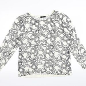 BM Womens Pullover Jumper Size M White Crew Neck Geometric Long Sleeve