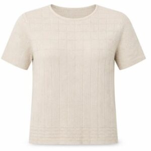 Jumper Womens Pullover Size M Beige Round Neck Check Short Sleeve Stretch