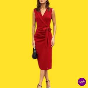 GRACE KARIN Women’s Midi Bodycon Dress, Shawl Neck, Red, UK 10 | EU 38 | US 6