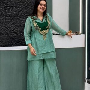 Women’s Teal Blue Crunchy Silk Kurti Palazzo Koti Set Designer Handwork Embroide