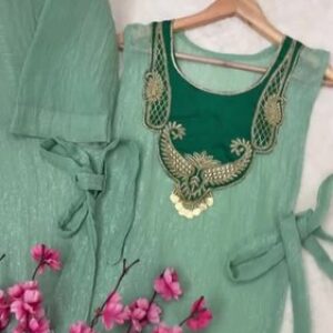 Women’s Teal Blue Crunchy Silk Kurti Palazzo Koti Set Designer Handwork Embroide