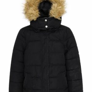 Warehouse Womens Puffer Jacket Size 8 Black Mid-Length Long Sleeve Casual Hooded