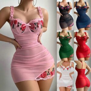 UK Women T-back Lingerie Dress Set SEXY Erotic Party Nightwear Mesh Embroidered