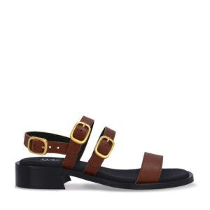 Vegan brown heeled sandals women block heel slingback memory foam gold buckle