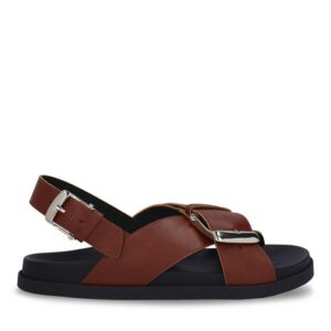 Vegan brown sandals women cross strap slingback memory foam adjustable buckle