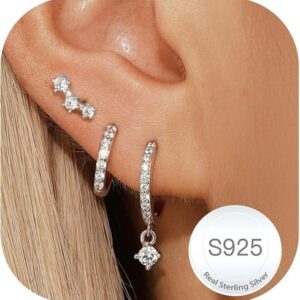 3 Pairs 925 Sterling Silver Earrings Set for Women – Stud & Hoop, Hypoallergenic