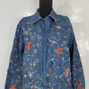 Vintage Traditional Mexican-style Floral Hand Embroidered Denim Jacket