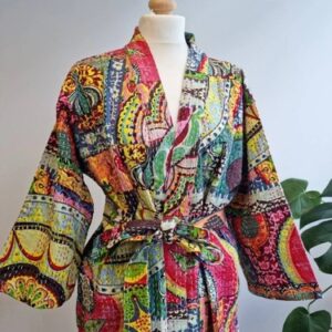 Indian Green Monkey Cotton Robe Kimono Sleepwear Kantha Quilt Night Suit Kimonos