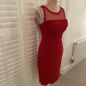 SCARLET NITE RED STRETCH NET DECOUPAGE PANEL ROUCHED PARTY DRESS –  UK 10 S
