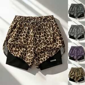 Women’s Leopard Print Sports Pants Summer Pocket Gym Yoga Jogging Jogger Shorts