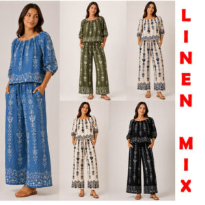 Ladies Leopard Print 2 Piece Co Ord Set V Neck Top Wide Leg Trousers LINEN MIX