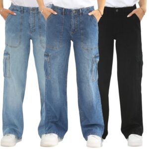 MYT Womens Wide Leg Cargo Pocket Jeans Ladies Baggy High Waisted Stretch Denim