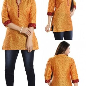 Women Ethnic Pak Printed Top Silk Kurti Tunic Gold Kurta Shirt Dress MM207 DNO