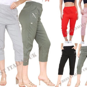 Ladies CHERRY BERRY CAPRI TROUSERS Women’s Cropped 3/4 Elasticated Summer Pants