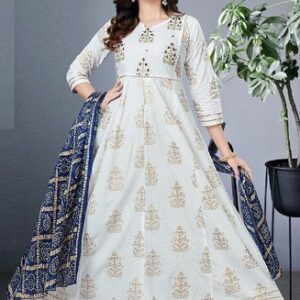 White Ethnic Anarkali Style Kurti with Designer Bandhani Dupatta