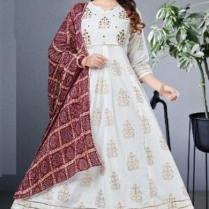 White Ethnic Anarkali Style Kurti with Designer Bandhani Dupatta