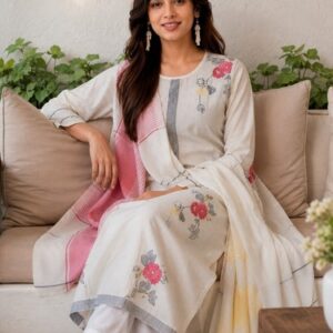 Women’s White Cotton Kurta Pant Dupatta Set Indian Ethnic Wear Full Sleeve Style