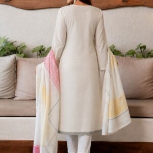 Women’s White Cotton Kurta Pant Dupatta Set Indian Ethnic Wear Full Sleeve Style