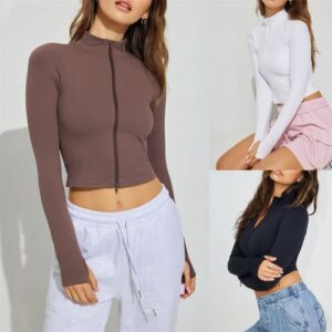 Womens Long Sleeve Zip Jacket Summer Cropped Yoga Tops Stand Collar Cardigan