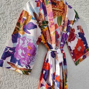 Indian Cotton Multi Floral Kimono Sleepwear Bath Robe Night Maxi Gown Kimono