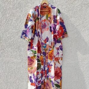 Indian Cotton Multi Floral Kimono Sleepwear Bath Robe Night Maxi Gown Kimono