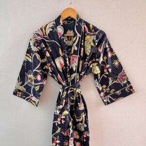 Indian Black Floral Kimono Cotton Bridal Bath Robe Summer Nightwear Gown US