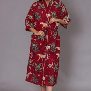 Indian Maroon Tiger Forest Cotton Kimono Bath Robes Night Maxi Gown Kimono Robes