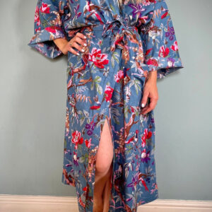 New Indian Gray Bird Printed Kimono Cotton Kimono Night Wear Maxi Gown Kimono US