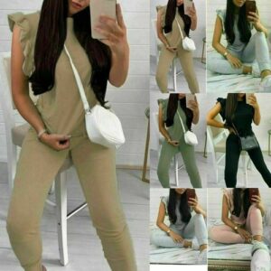 Womens Tracksuit Frill Ruffle Peplum Sleeve Top Bottom Lounge Wear Boxy Set