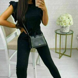 Womens Tracksuit Frill Ruffle Peplum Sleeve Top Bottom Lounge Wear Boxy Set