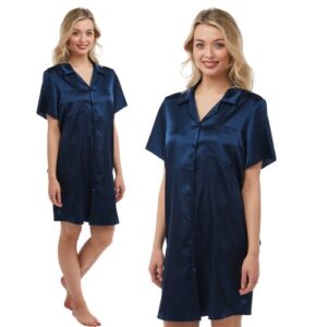 Sexy Silky Shiny Plain Navy Blue Satin Nightshirt Nightie Short Slip Size 26